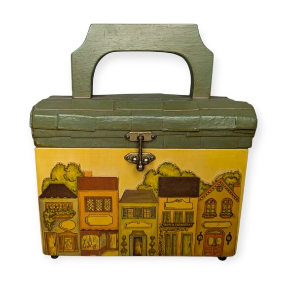 Vintage Hand Painted Wooden Box Purse w/Green Felt Lined Interior 8" x 4" x 9" - Picture 1 of 13